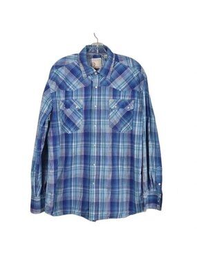 Roper Western Plaid Rodeo Cowboy Racher Cattlemans Shirt Blue White Size  Large